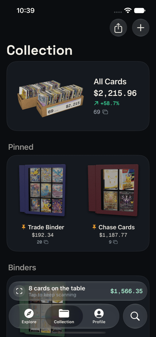 TCGComps collection with card values and binders on iPhone