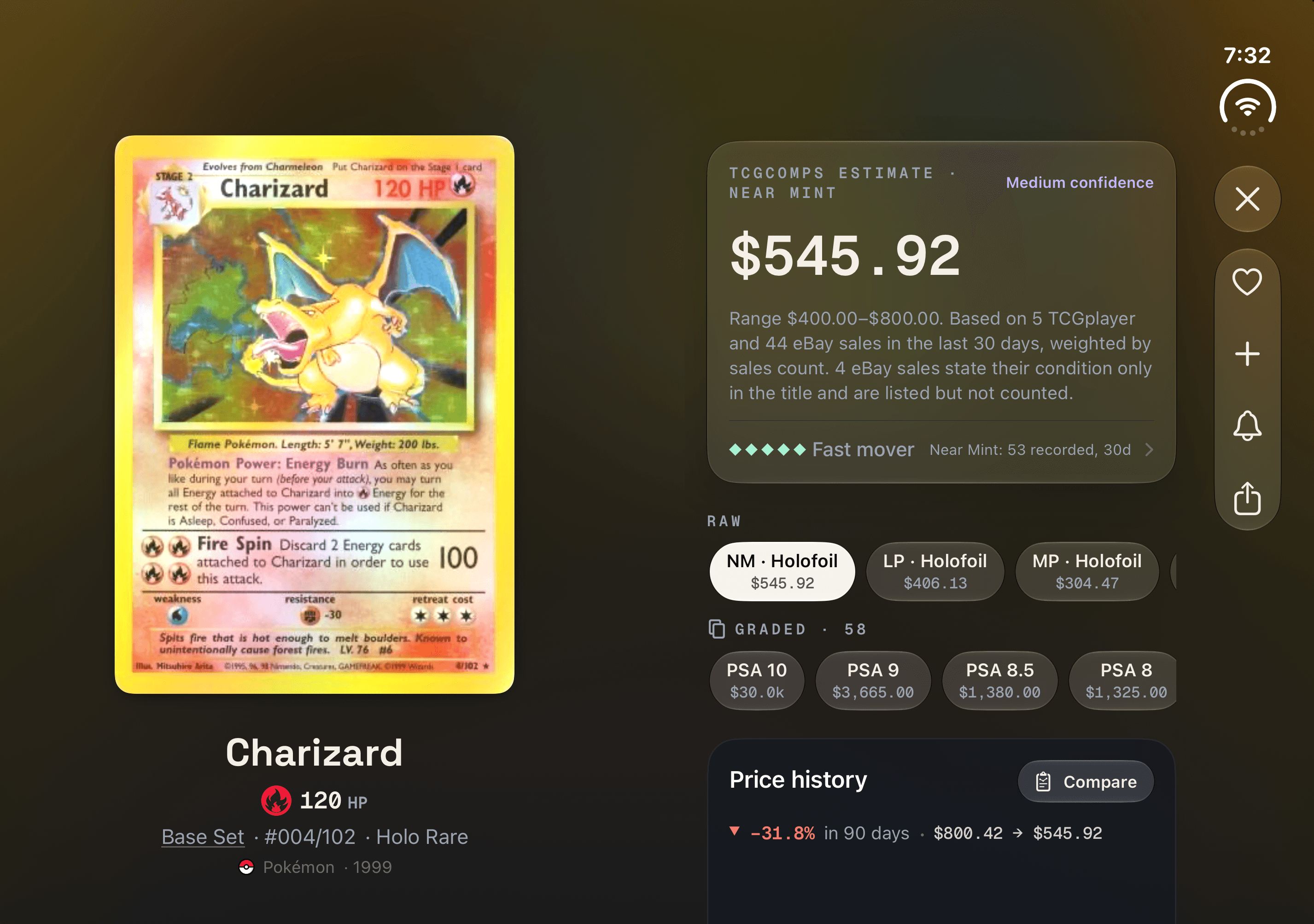 TCGComps on iPhone Duo, with a Charizard card beside its market estimate and price history